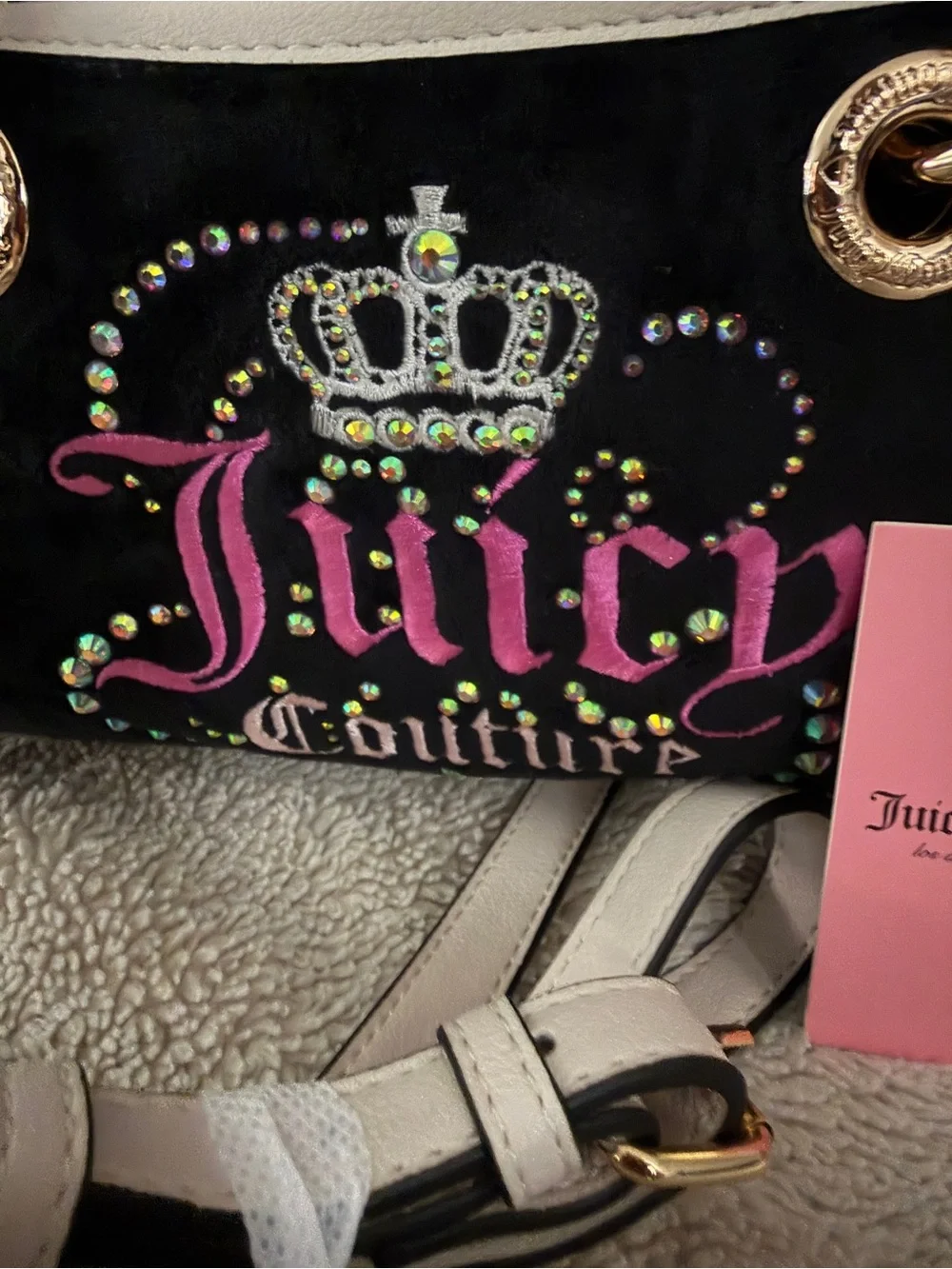 Juicy Couture Black & Cream Jeweled Logo Dome Satchel with Pink Accents
